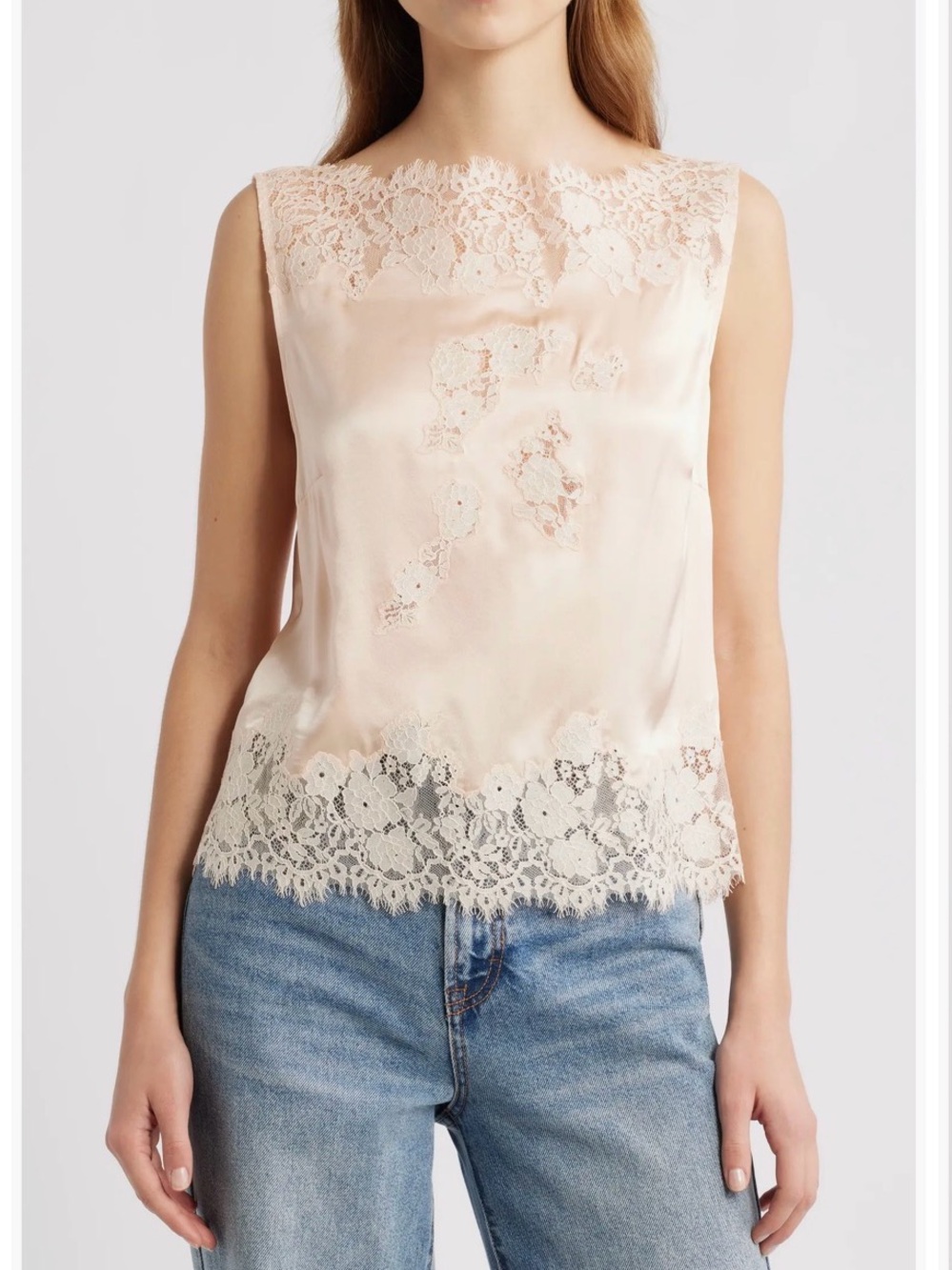Doen Viviane Lace Trim Silk Satin Top in Peach Sorbet